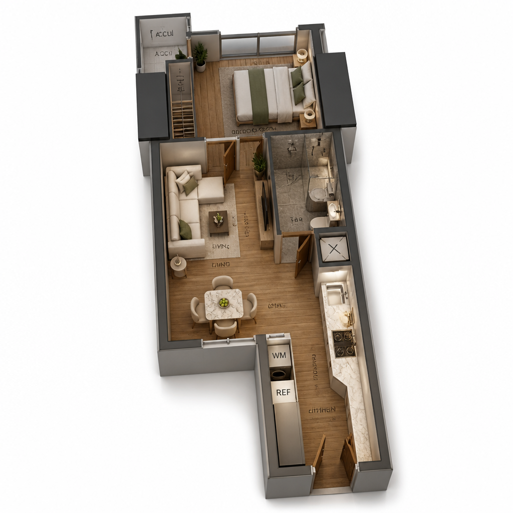 1-Bedroom unit floor plan — 46 sqm