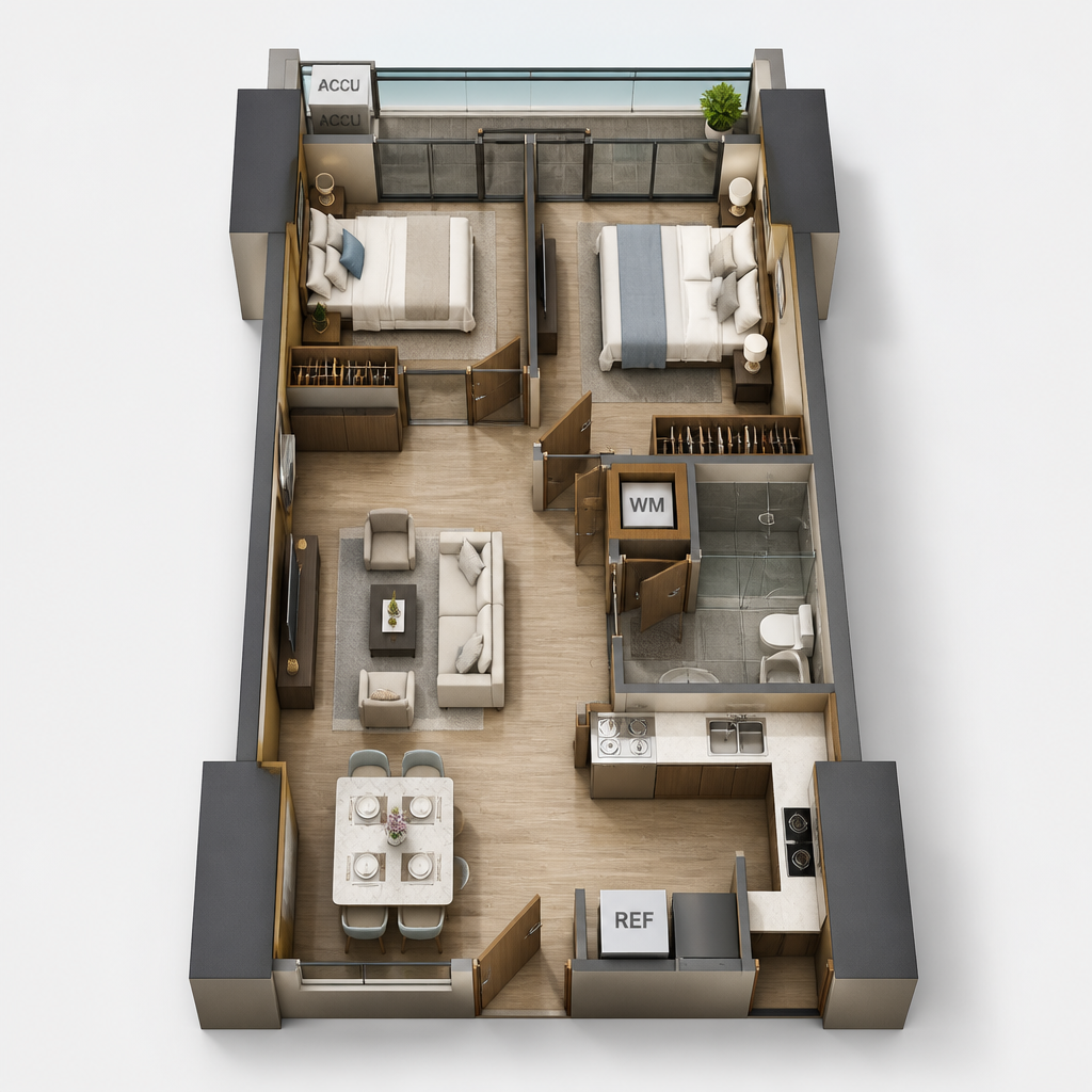 2-Bedroom unit floor plan — 65 sqm