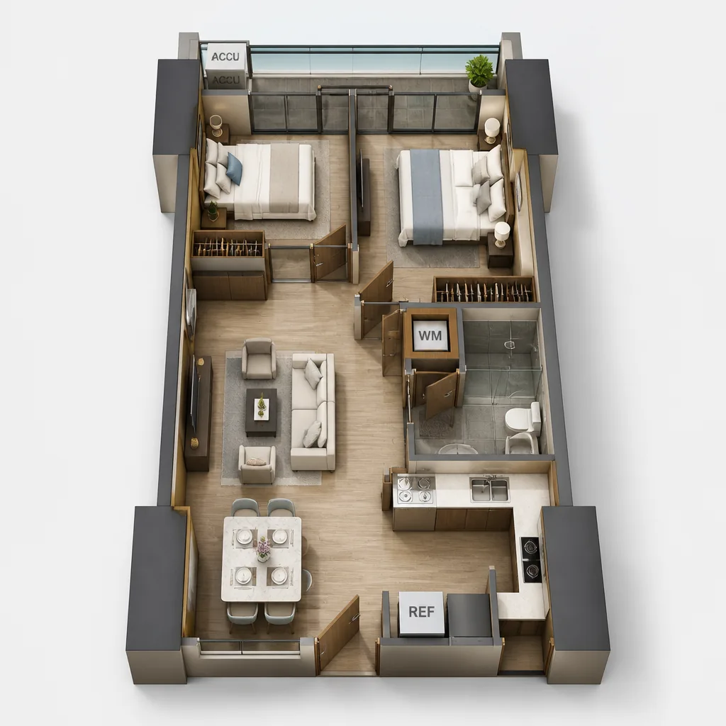 2-Bedroom unit floor plan — 65 sqm